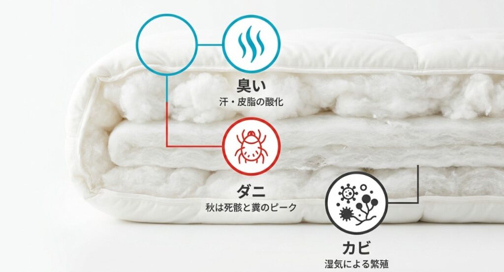 布団に潜むダニ(秋は死骸と糞のピーク)、カビ(湿気による繁殖)、臭い(汗・皮脂の酸化)をアイコンで示した