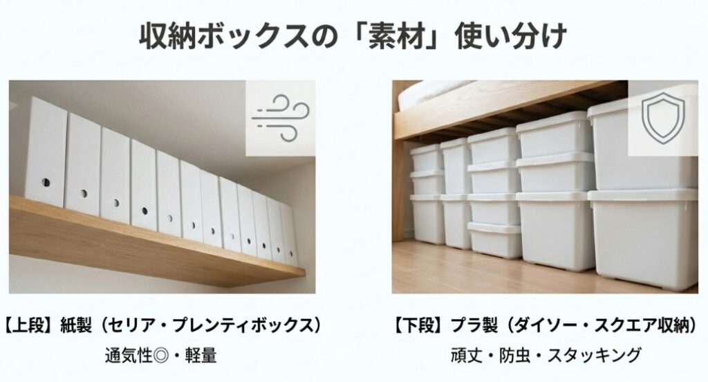 クローゼットの上段にセリアの紙製ボックス、下段にダイソーのプラスチック製ボックスを配置した収納例