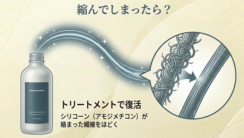 縮んで絡まったカシミヤ繊維が、トリートメントに含まれるシリコーン成分によって解きほぐされる仕組みの拡大図