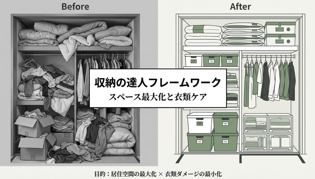 衣替えの圧縮袋活用の目的：居住空間の最大化と衣類ダメージの最小化を両立するフレームワークの図解