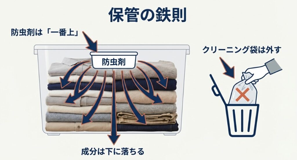 防虫剤を一番上に置くこと、クリーニングの袋を外して保管することを示す収納ケース