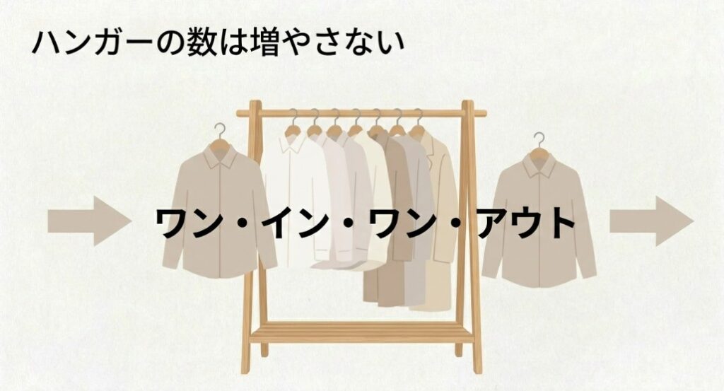 「ハンガーの数は増やさない」「ワン・イン・ワン・アウト」というルールが記載された、収納の規律を示す
