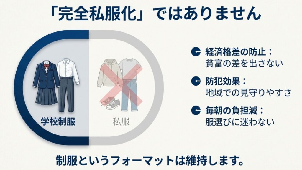 学校制服と私服の比較。経済格差の防止、防犯効果、毎朝の負担軽減といった制服を維持するメリット