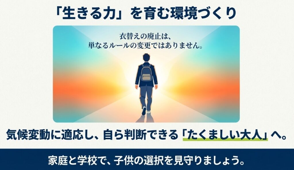 制服を着て歩き出す生徒の後ろ姿。衣替えの廃止が気候変動への適応と、自ら判断できる「たくましい大人」への成長に繋がることを象徴するビジュアル
