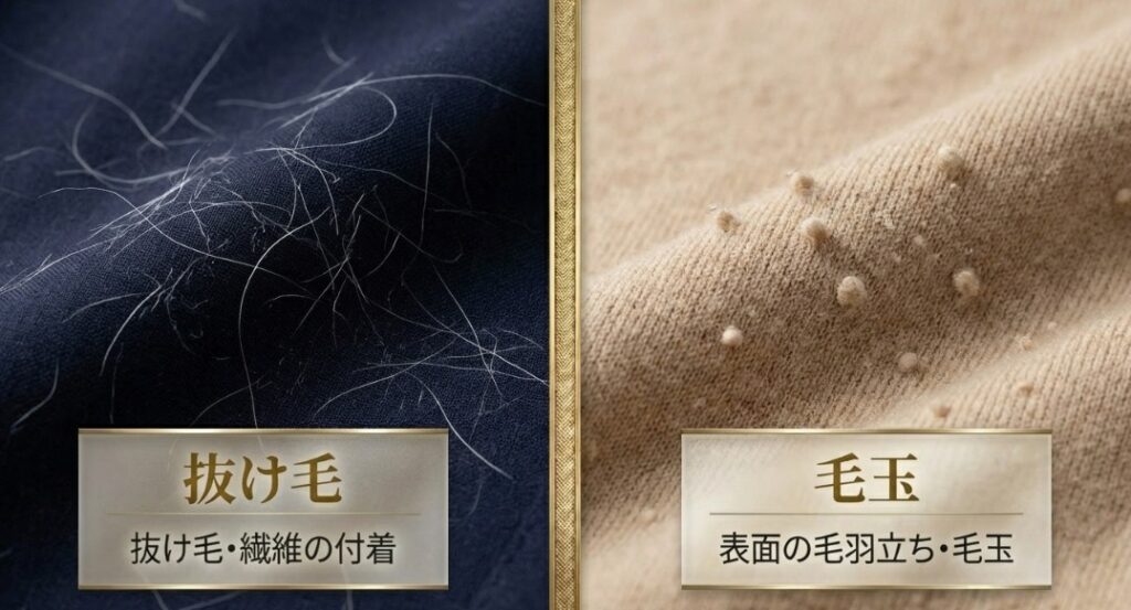 アンゴラ特有の抜け毛・繊維付着と、カシミヤの表面の毛羽立ち・毛玉のリスクをまとめた比較表