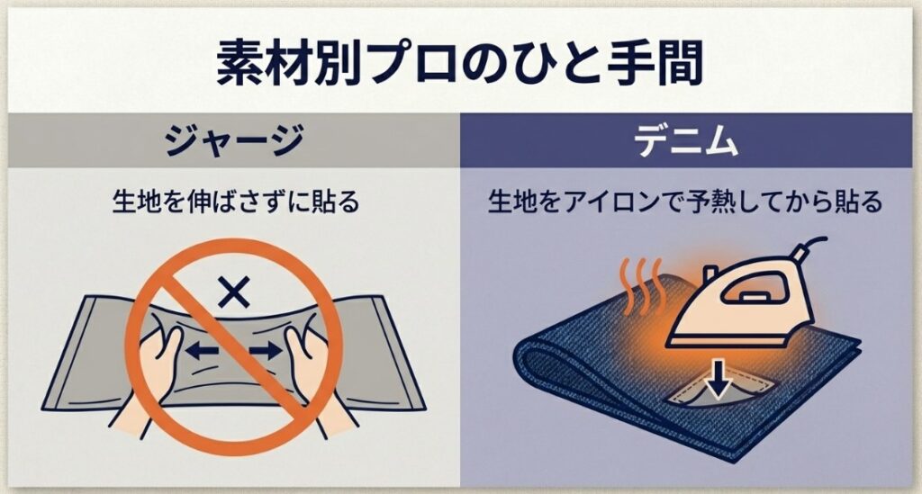 ジャージは生地を伸ばさずに貼ること、デニムは接着前に生地をアイロンで予熱してから貼るという、素材別のコツを示す