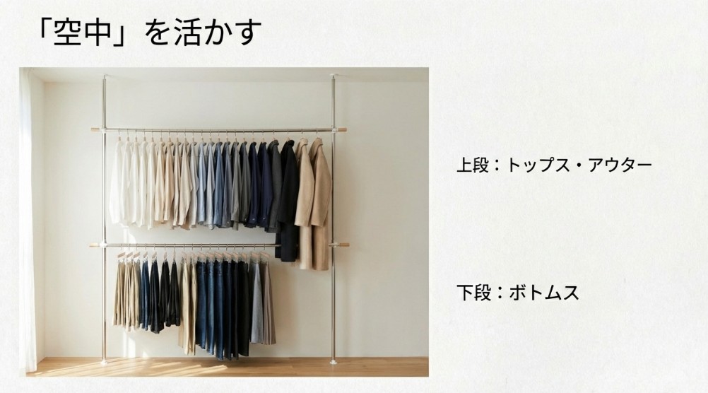 上下2段のハンガーラックに服が綺麗に並んでいる様子。「空中を活かす」「上段：トップス・アウター」「下段：ボトムス」という解説