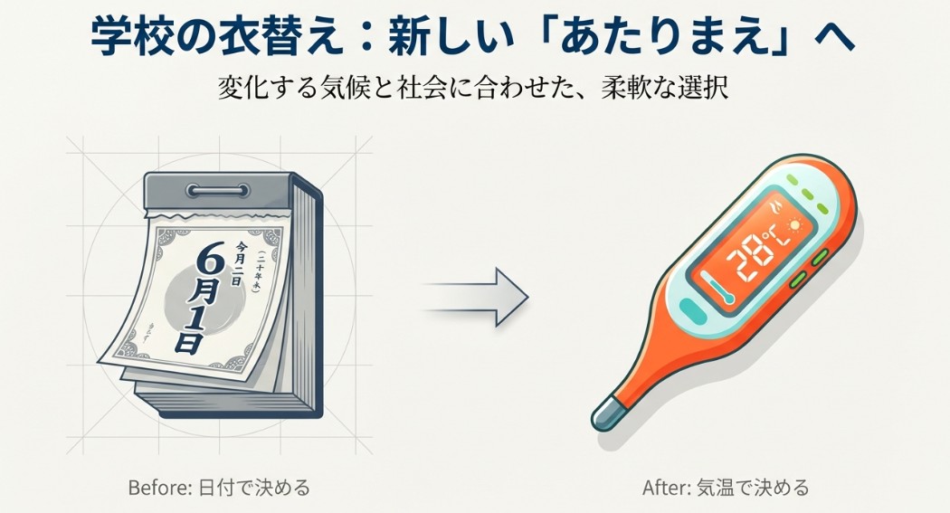 6月1日のカレンダーを背景に、日付で決める「Before」から気温で決める「After」への変化