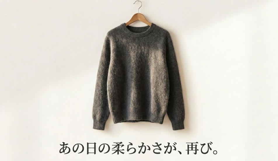 「あの日の柔らかさが、再び。」というコピーを添えた、ふんわりとした風合いを取り戻したカシミヤセーター