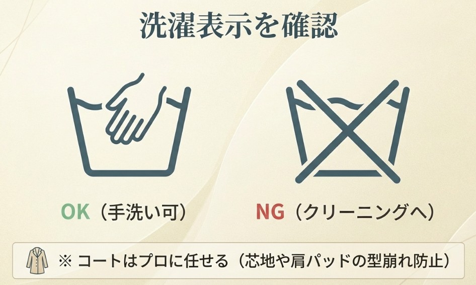 手洗い可と洗濯禁止のマークの比較。コートは型崩れ防止のためプロに任せるべきという注意書きを含む洗濯表示の解説図。