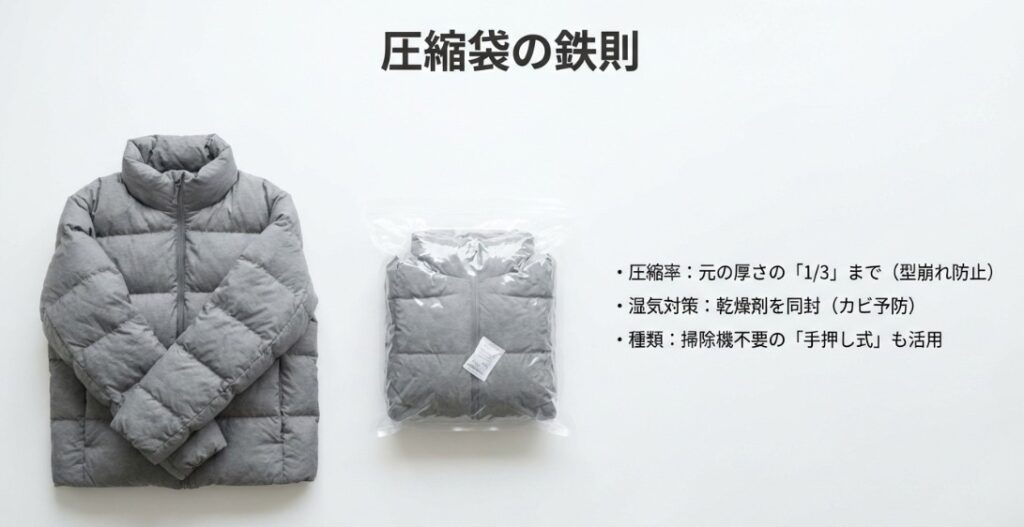 厚手のダウンジャケットを元の3分の1まで圧縮し、乾燥剤を同封してカビ予防するポイントを説明