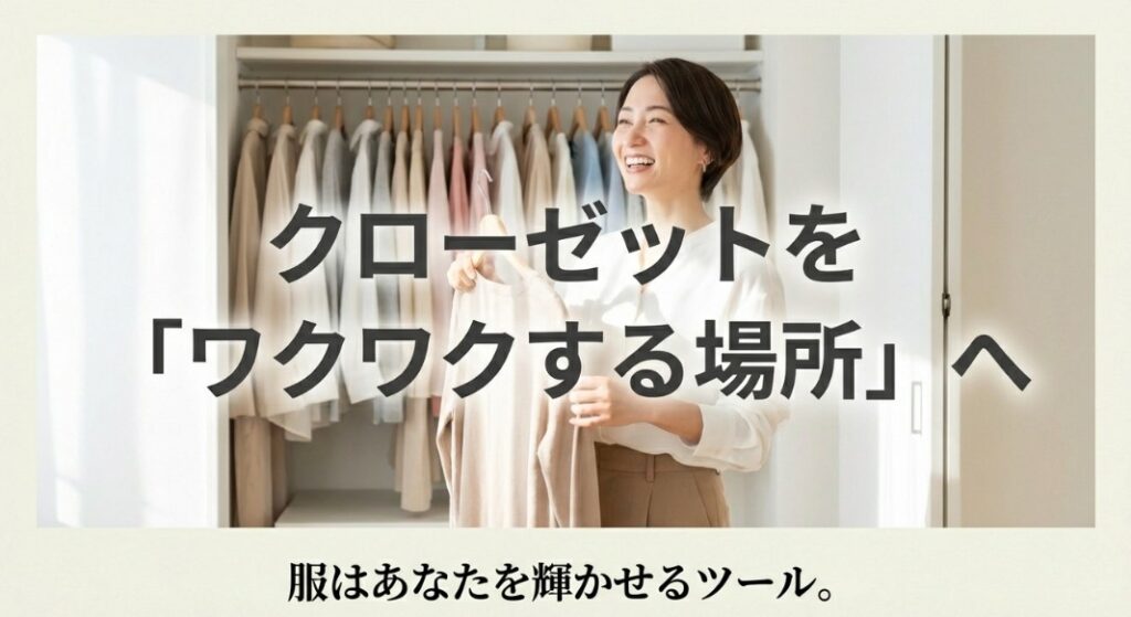 「服はあなたを輝かせるツール」というメッセージとともに、クローゼットをワクワクする場所に変えていくことを提案する