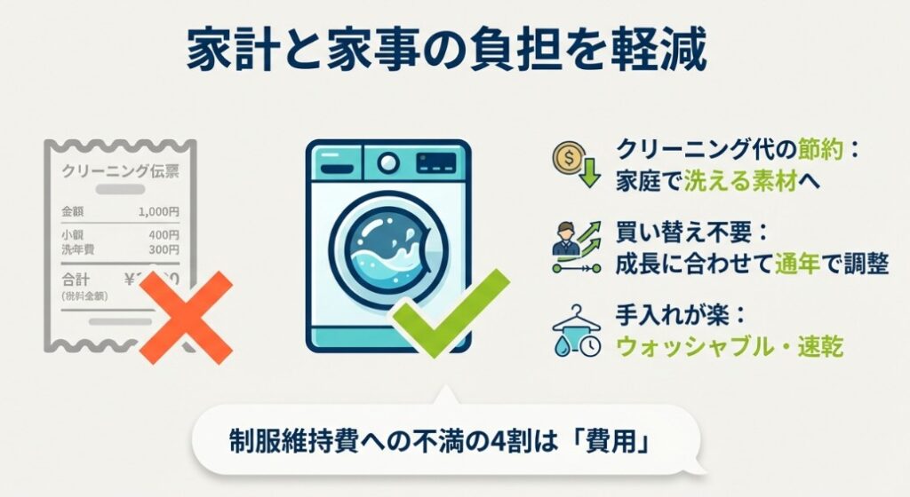 クリーニング伝票にバツ印、洗濯機にチェックマーク。家庭で洗える素材への移行や、成長に合わせた通年調整による買い替え不要のメリットを解説