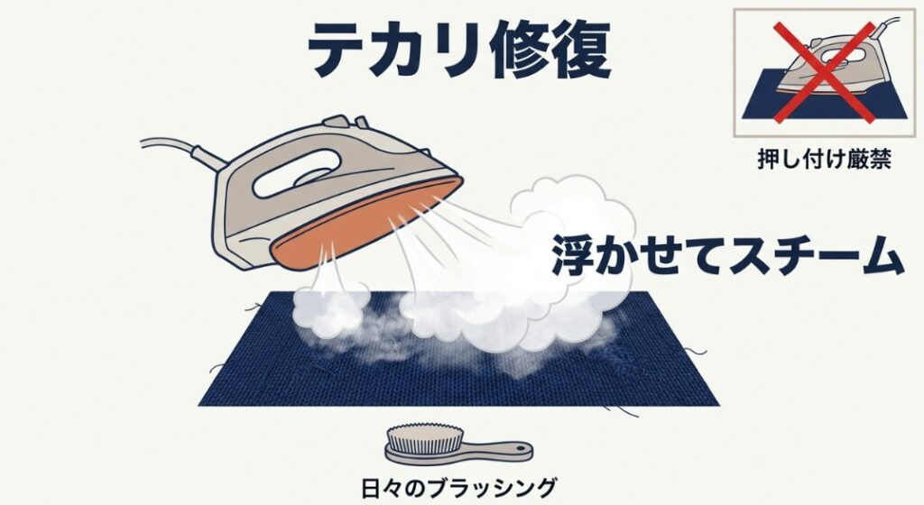 アイロンを直接押し付けず、浮かせてスチームを当てる様子とブラッシングの重要性を示す