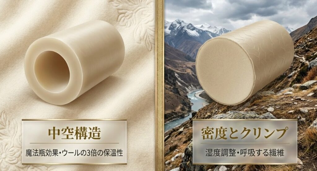 アンゴラの魔法瓶のような中空構造と、カシミヤの湿度調整を行うクリンプ（縮れ）と密度の違いを説明する図