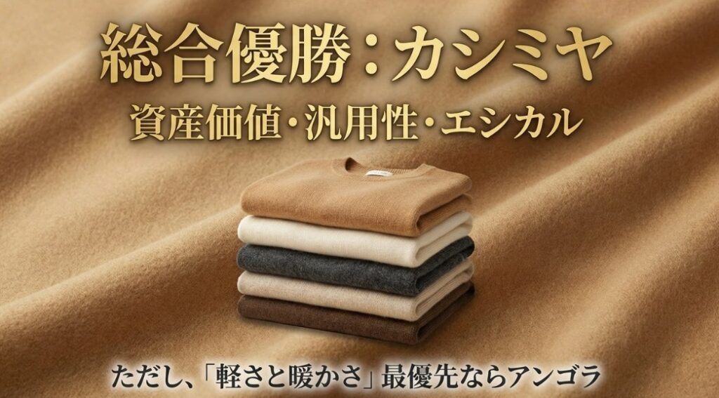 資産価値・汎用性・エシカルでカシミヤが総合優勝としつつ、軽さと暖かさ優先ならアンゴラを推奨
