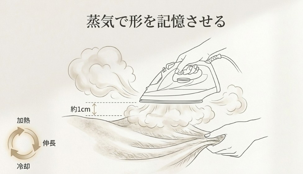 アイロンを1cm浮かせ、「加熱・伸長・冷却」のサイクルで形を整えるスチームアイロンの使い方のイラスト