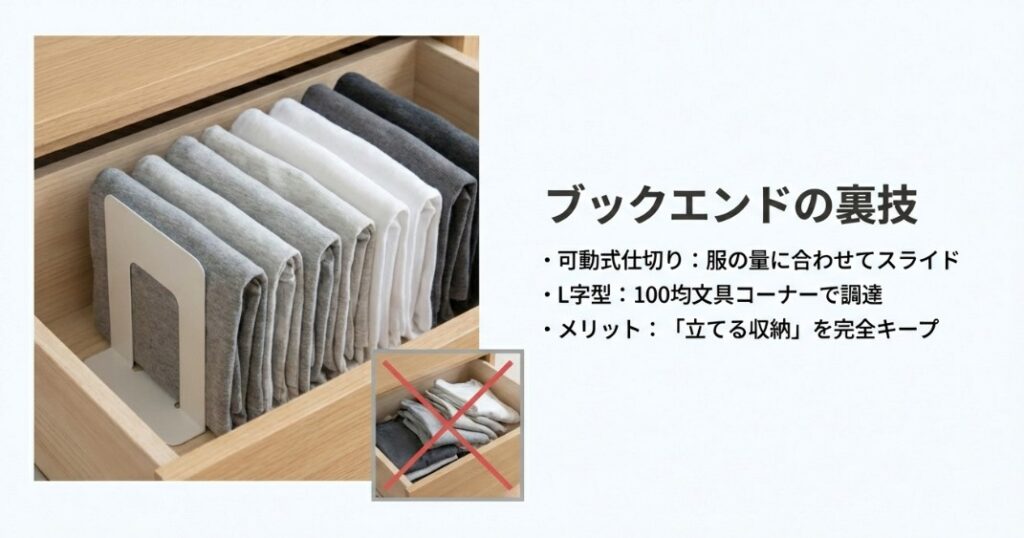 L字型ブックエンドを引き出しの仕切りとして使い、服が倒れないように立てて収納