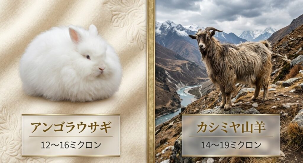 アンゴラウサギ（12〜16ミクロン）とカシミヤ山羊（14〜19ミクロン）の繊維の細さを比較した図解