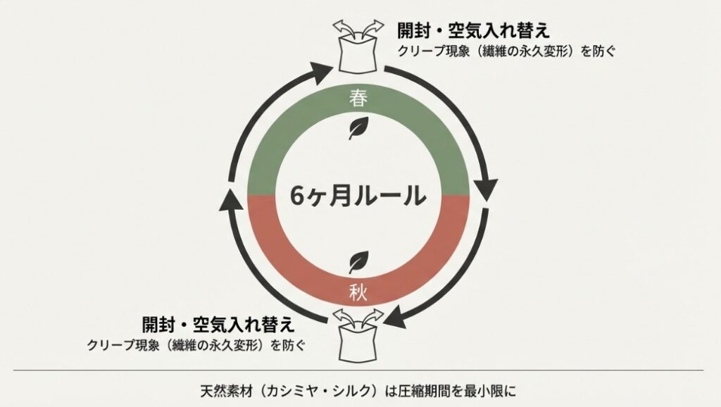 春と秋の衣替えに合わせた半年に一度の開封・空気入れ替えの推奨。繊維の永久変形（クリープ現象）を防ぐためのサイクル
