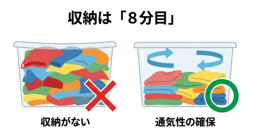 隙間なく詰め込まれたNGな収納例と、適度な隙間（8分目）を作って通気性を確保したOKな収納例の比較図