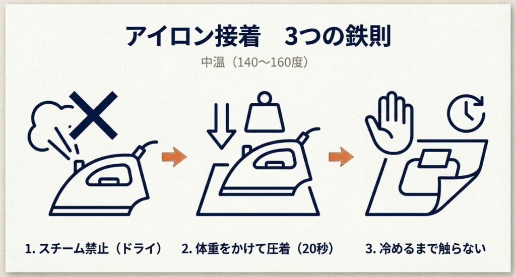 アイロン接着のポイント。中温（140〜160度）、スチーム禁止、体重をかけて20秒圧着、冷めるまで触らないという3つのルールを解説