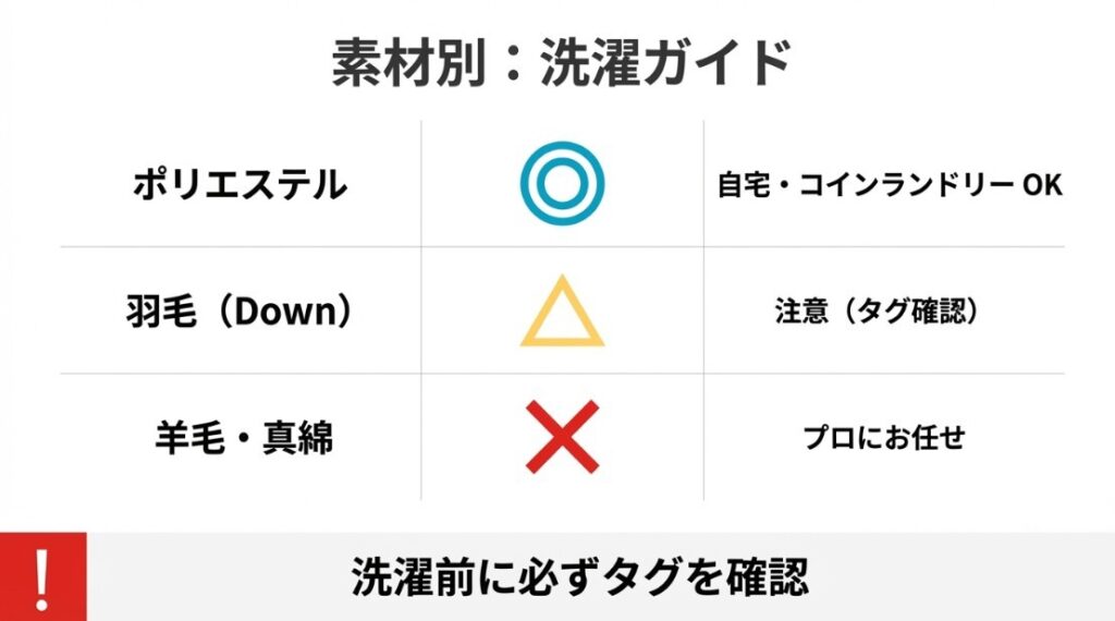 素材別の洗濯可否表。ポリエステルは自宅・コインランドリーOK、羽毛はタグ確認、羊毛・真綿は自宅洗濯NGでプロに任せるよう記載