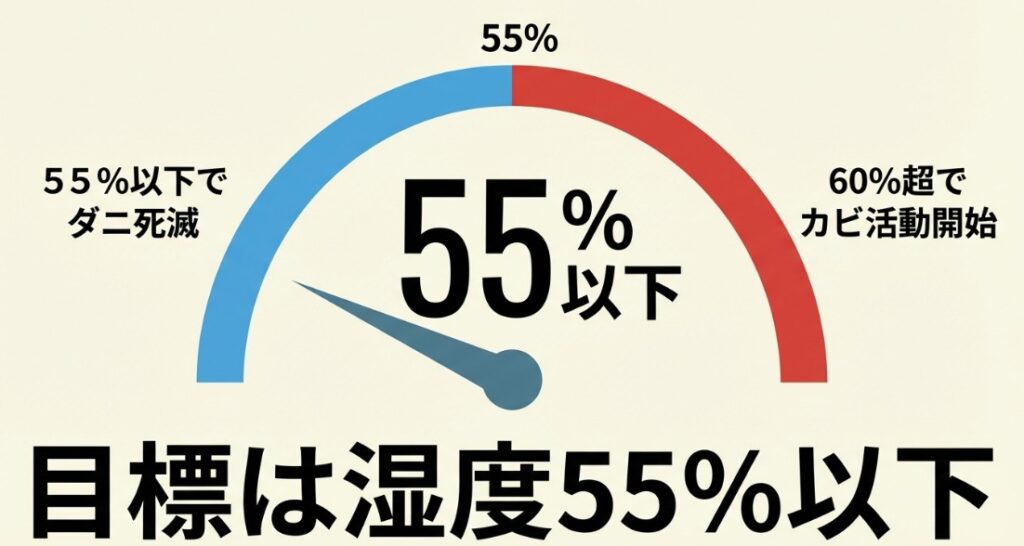 ダニは55%以下で死滅し、カビは60%を超えると活動を開始するため、湿度55%以下を目指すべきであることを示す図解