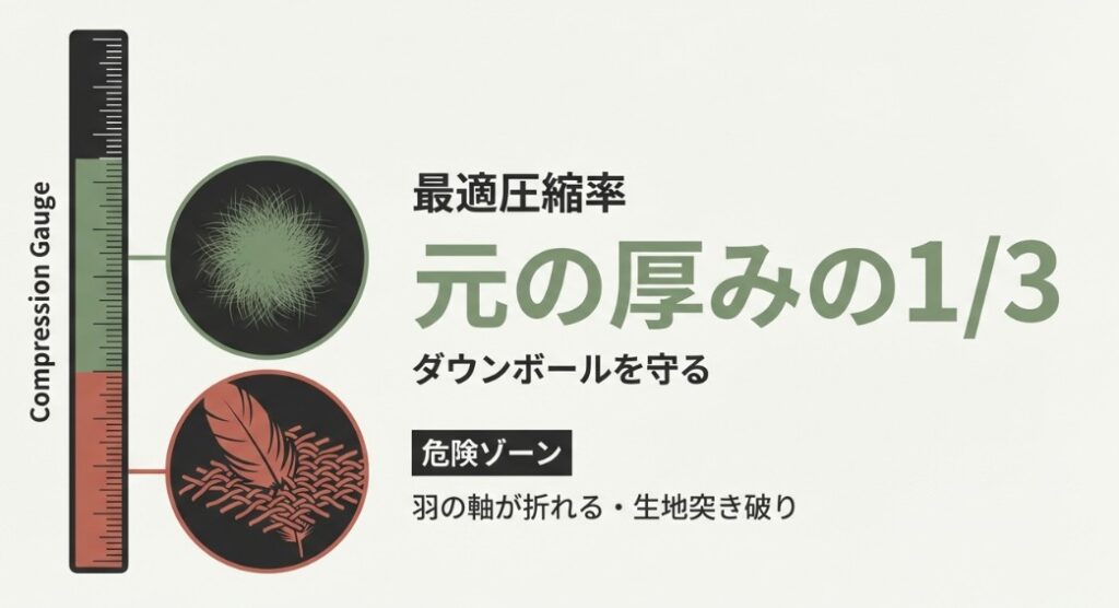 羽毛布団の圧縮ゲージ。元の厚みの3分の1が最適。空気を抜きすぎると羽の軸が折れる「危険ゾーン」になることを示す図解