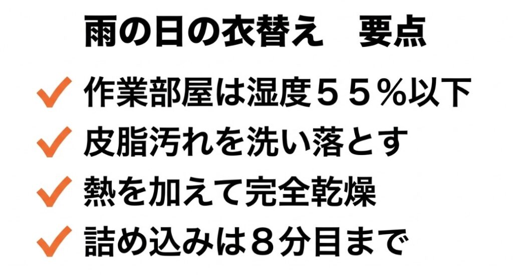 湿度55%以下、皮脂汚れ除去、完全乾燥、8分目収納という衣替え成功のための要点をまとめたチェックリスト画像