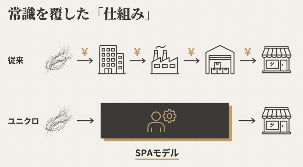 中間業者を介す従来の流通経路と、工場から自社店舗へ直結するユニクロのSPAモデルを比較した図