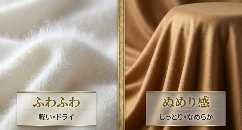 アンゴラの軽くてドライな質感と、カシミヤのしっとりなめらかな質感を比較