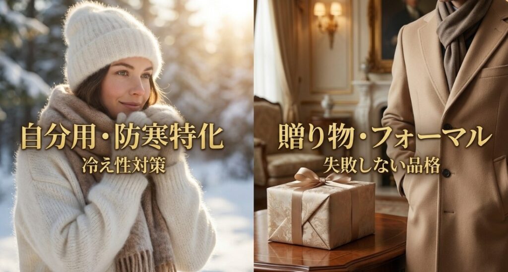 アンゴラは自分用や冷え性対策、カシミヤは贈り物やフォーマルな場面に適していることを示す比較図