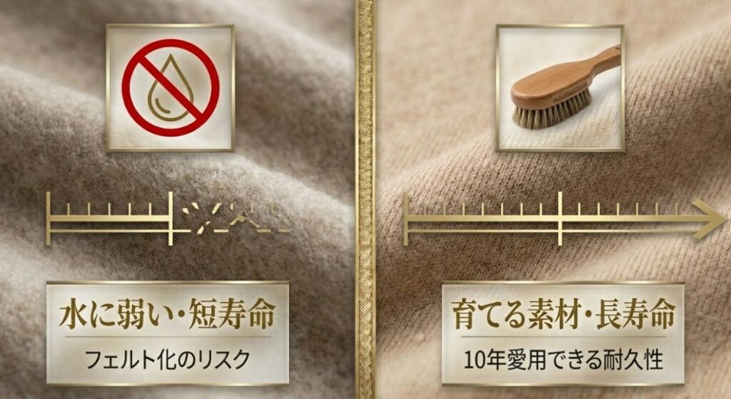 アンゴラの水への弱さとフェルト化リスク、カシミヤの10年愛用できる耐久性を比較した図。衣類用ブラシと水濡れ禁止のアイコン付き。