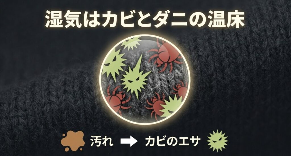 衣類に付着した汚れをエサにして、湿った環境で繁殖するカビとダニのイメージ