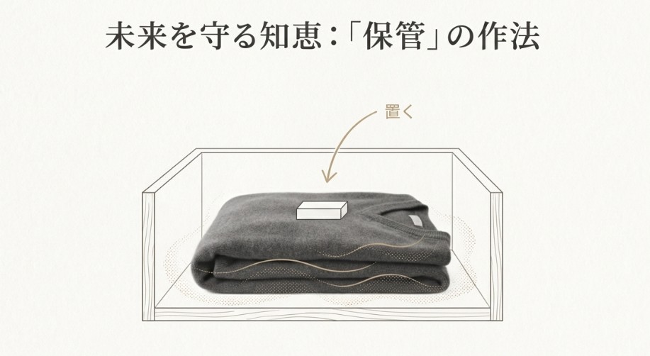 畳んだカシミヤの上に防虫剤を置く、正しい保管の作法を説明したイラスト