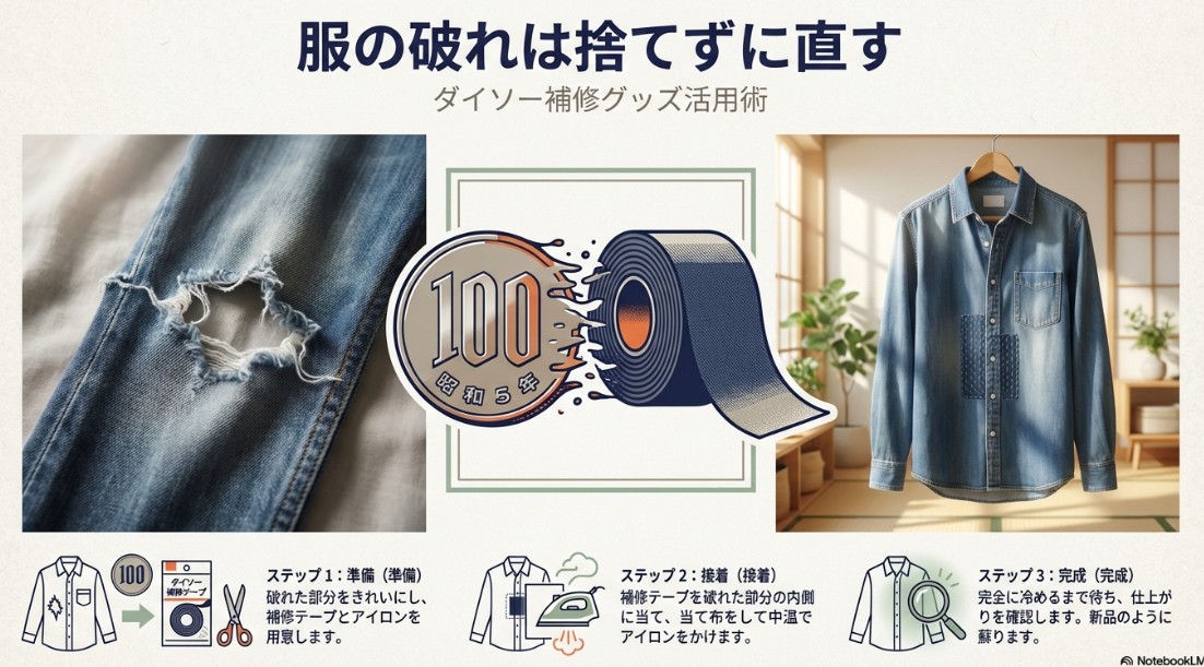 破れたジーンズの画像と、補修の3ステップ（準備、接着、完成）を説明するイラスト。110円で新品のように蘇ることを示唆