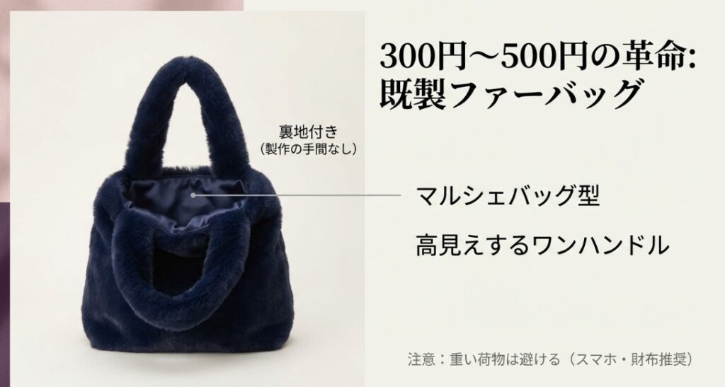 ダイソーで販売されている完成品ファーバッグの形状、裏地の有無、おすすめのコーディネート方法を解説。