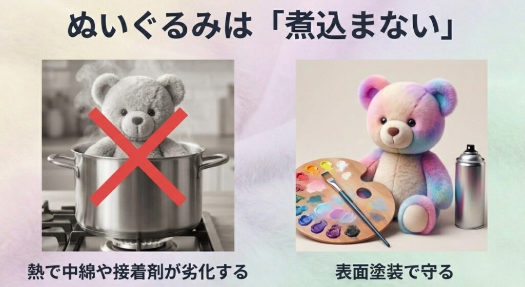ぬいぐるみの毛先に霧吹きや筆で部分的に着色する「表面塗装」と、中綿を抜く「本格染色」の違いを比較