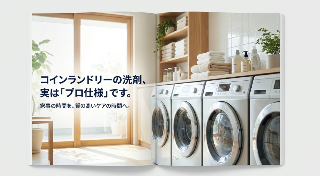 「コインランドリーの洗剤、実はプロ仕様です。家事の時間を、質の高いケアの時間へ」というキャッチコピー