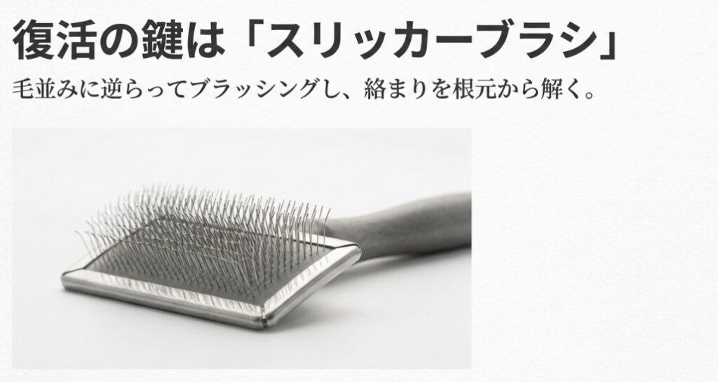 スリッカーブラシを使って毛並みに逆らってパイルを立ち上げ、絡まりを根元から解きほぐす