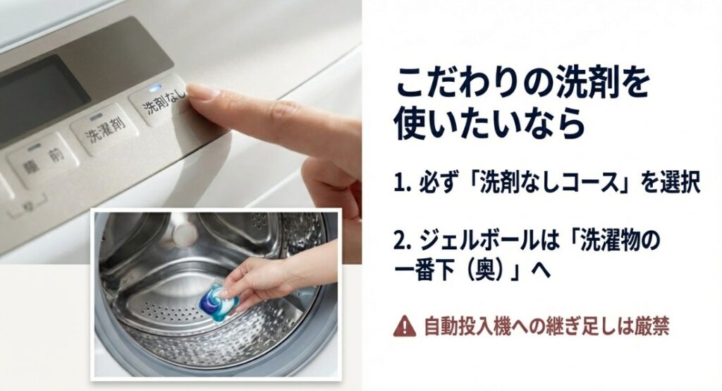 洗剤なしコースの選択と、ジェルボールを洗濯物の奥に入れる手順を示す画像