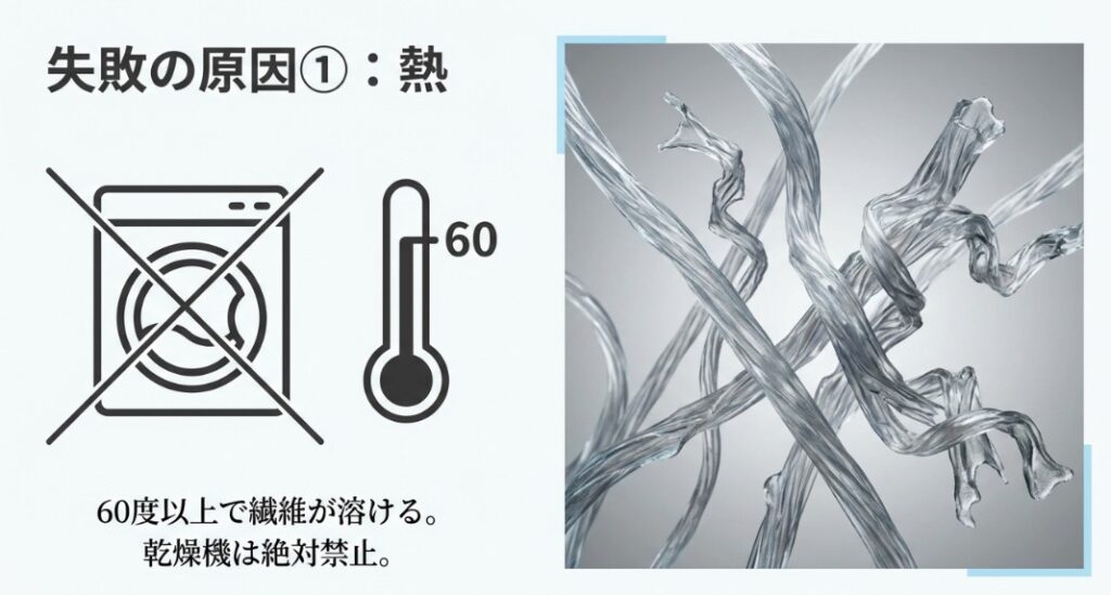 合成繊維の熱可塑性と「ガラス転移点」を説明し、60〜80度の熱で繊維がチリチリに縮れて戻らなくなる仕組み