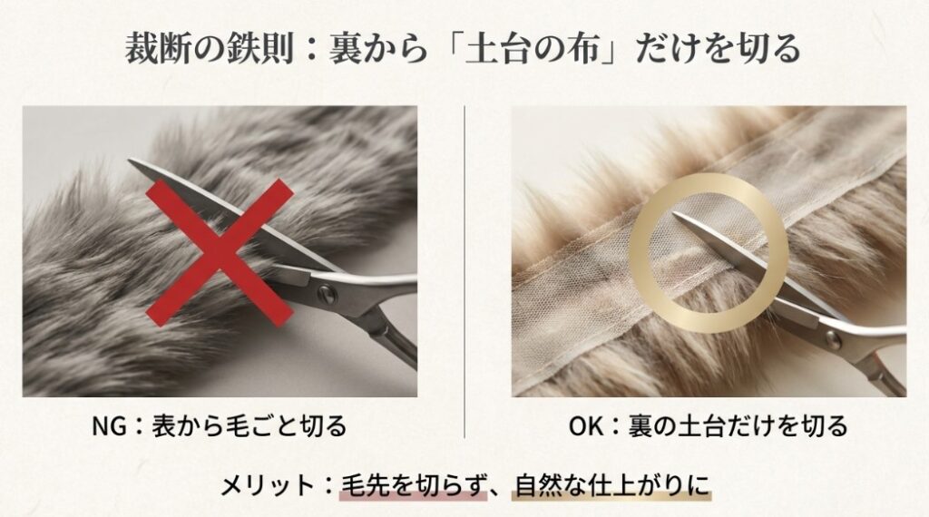 裁断時は裏返しにして土台の布だけを小刻みに切る