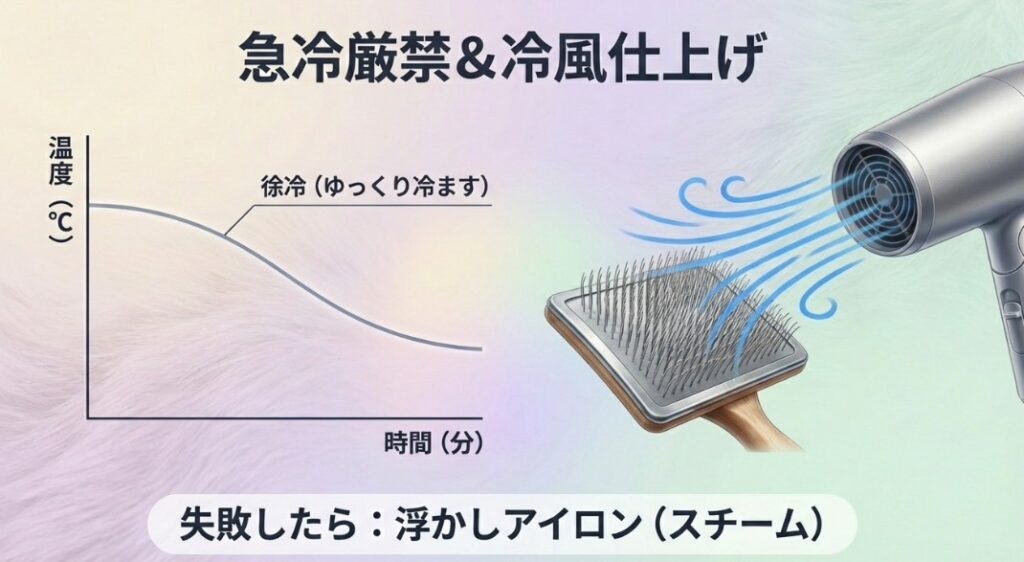 高温から急冷せず、少しずつ水を足して10分かけて温度を下げる「徐冷」のプロセス