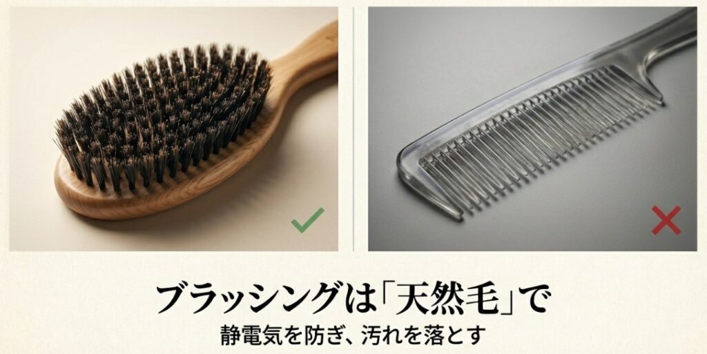 天然毛ブラシやスリッカーブラシを使い、毛先から根元へと優しく解きほぐしていく