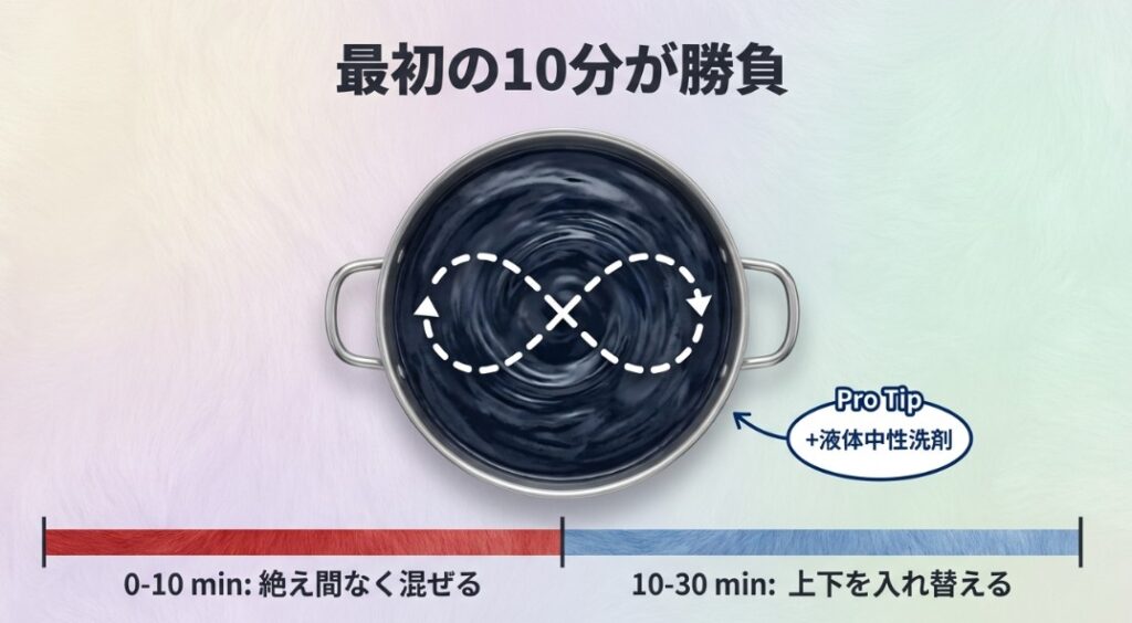 投入から10分間、30分間、終了間際と、フェーズごとに必要な混ぜ方(8の字、上下入れ替えなど)