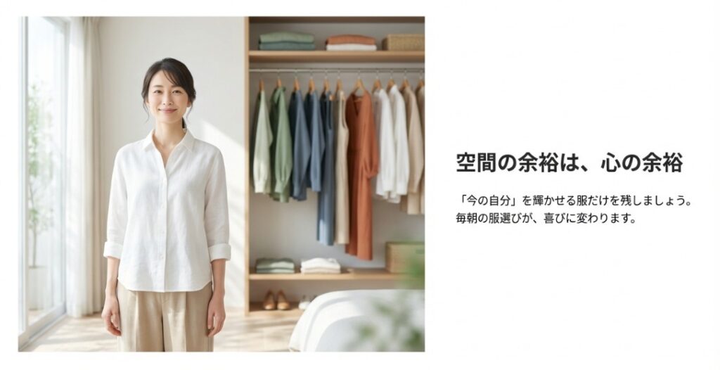 整ったクローゼットの前で微笑む女性のイラスト。「空間の余裕は、心の余裕」というメッセージと共に、今の自分を輝かせる服だけを残す大切さを伝えている