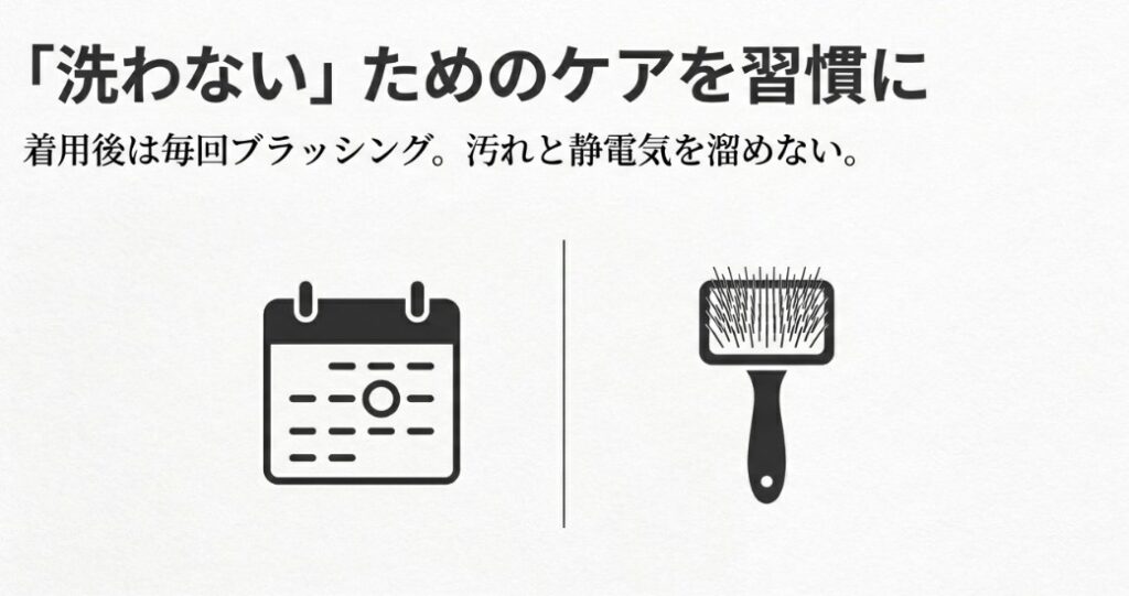着用後のブラッシングによる汚れ定着防止と、静電気防止スプレーの併用による「洗濯しないためのケア」