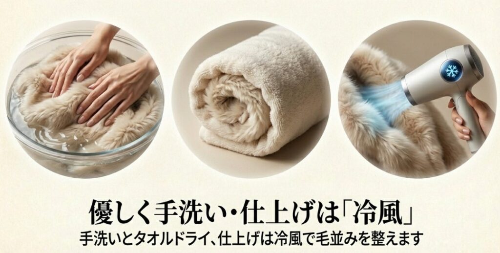 30度以下のぬるま湯での押し洗いから、タオル脱水、仕上げのドライヤー冷風までの工程